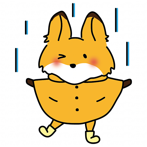 合羽を着て雨を喜ぶキツネ