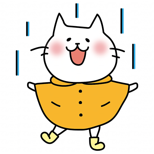 合羽を着て雨を喜ぶ白い猫