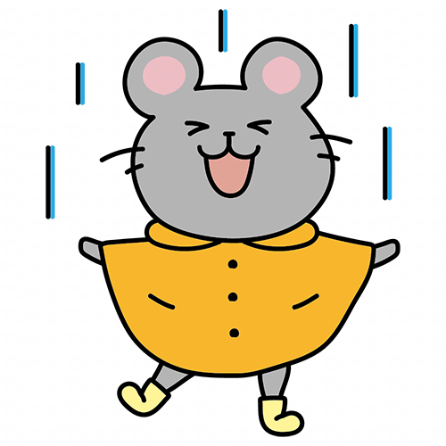 合羽を着て雨を喜ぶネズミ