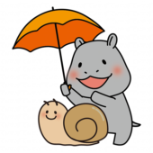 大きなかたつむりに傘をさすカバ