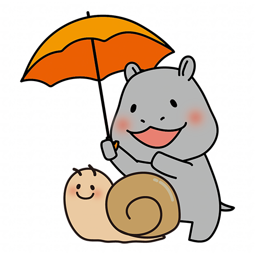 大きなかたつむりに傘をさすカバ