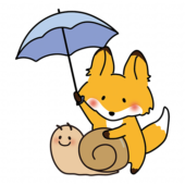 大きなかたつむりに傘をさすキツネ