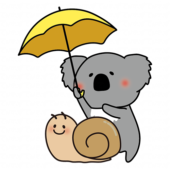 大きなかたつむりに傘をさすコアラ