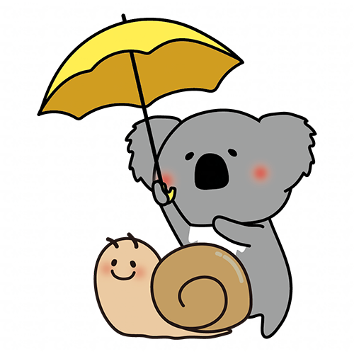 大きなかたつむりに傘をさすコアラ