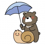 大きなかたつむりに傘をさすクマ