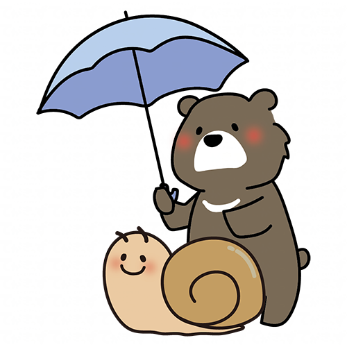 大きなかたつむりに傘をさすクマ