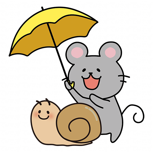 大きなかたつむりに傘をさすネズミ