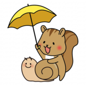 大きなかたつむりに傘をさすリス