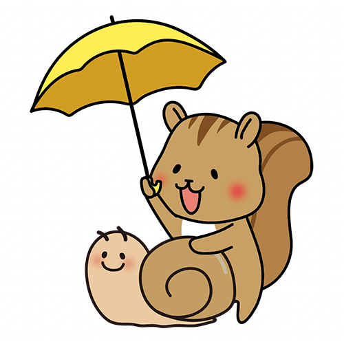 大きなかたつむりに傘をさすリス