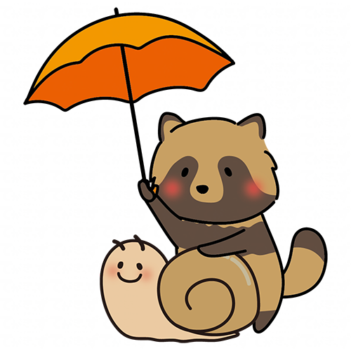 大きなかたつむりに傘をさすタヌキ