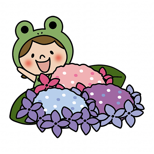 蛙の被り物をして紫陽花を見ている子供（女の子1）