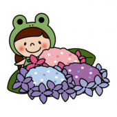 蛙の被り物をして紫陽花を見ている子供（女の子2）