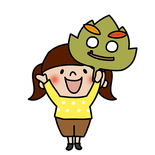 落ち葉のお面を持つ子供（女の子2）
