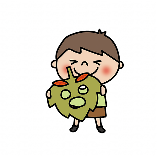 落ち葉のお面を持つ子供（男の子2）