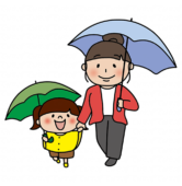 傘をさして手を繋ぐママと娘