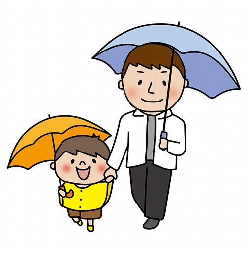 傘をさして手を繋ぐパパと息子