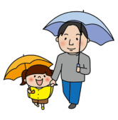 傘をさして手を繋ぐパパと娘